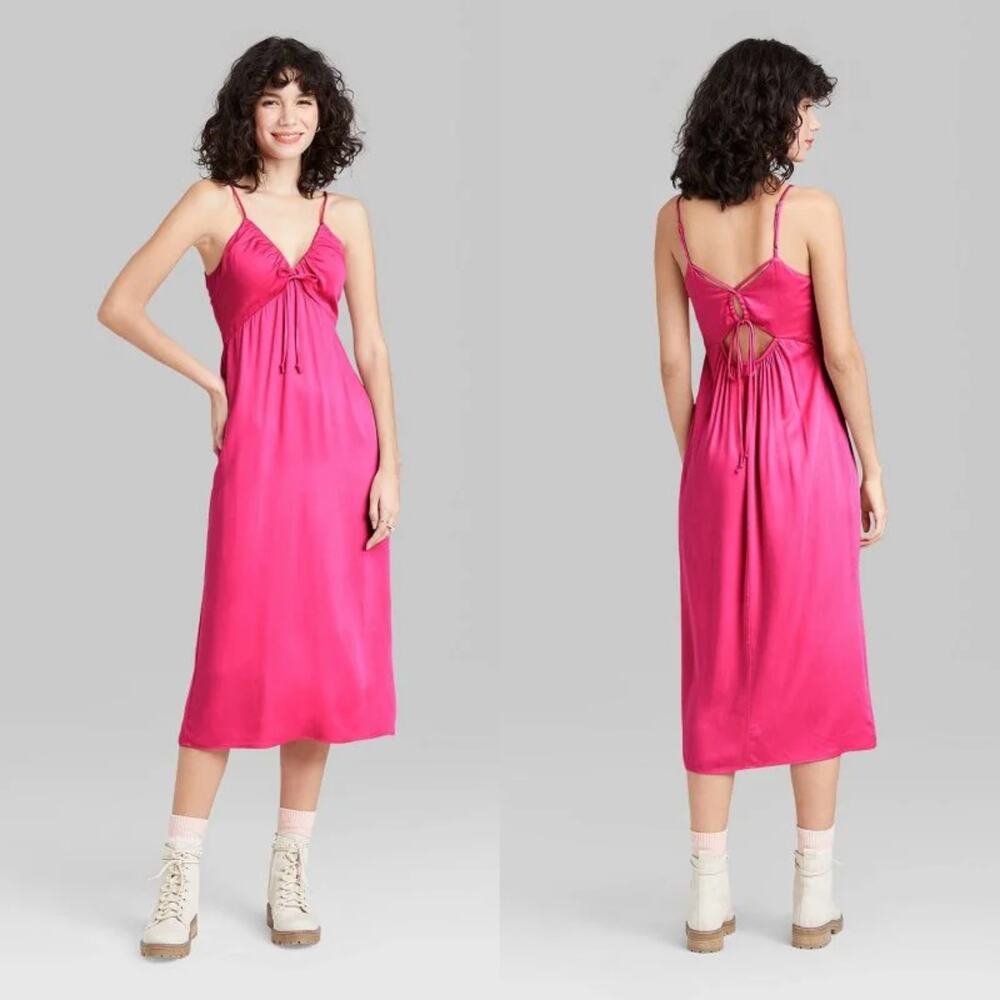Pink V-Neck Strappy Lace Up Tie Back Babydoll Slip Dress M Spring Wedding Guest